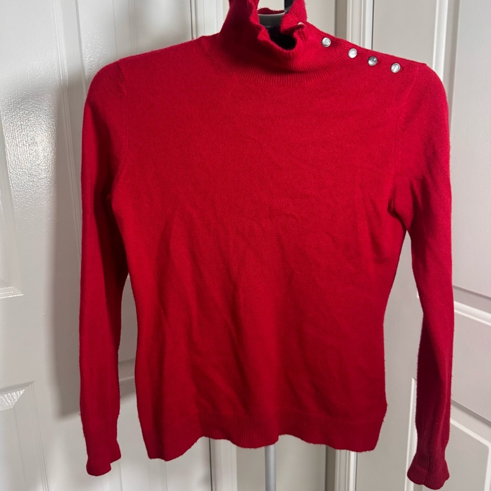 Ralph Lauren Lauren Red Cashmere Turtleneck Sweater Button Shoulder Size S